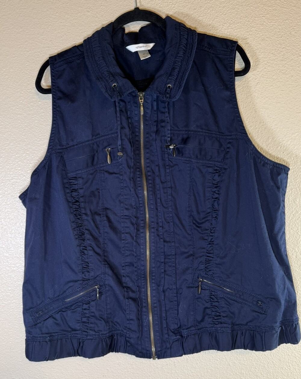 CJ Banks Plus 3X Full Zip Utility Vest Navy Blue Ruffle Hem Ruched Pockets